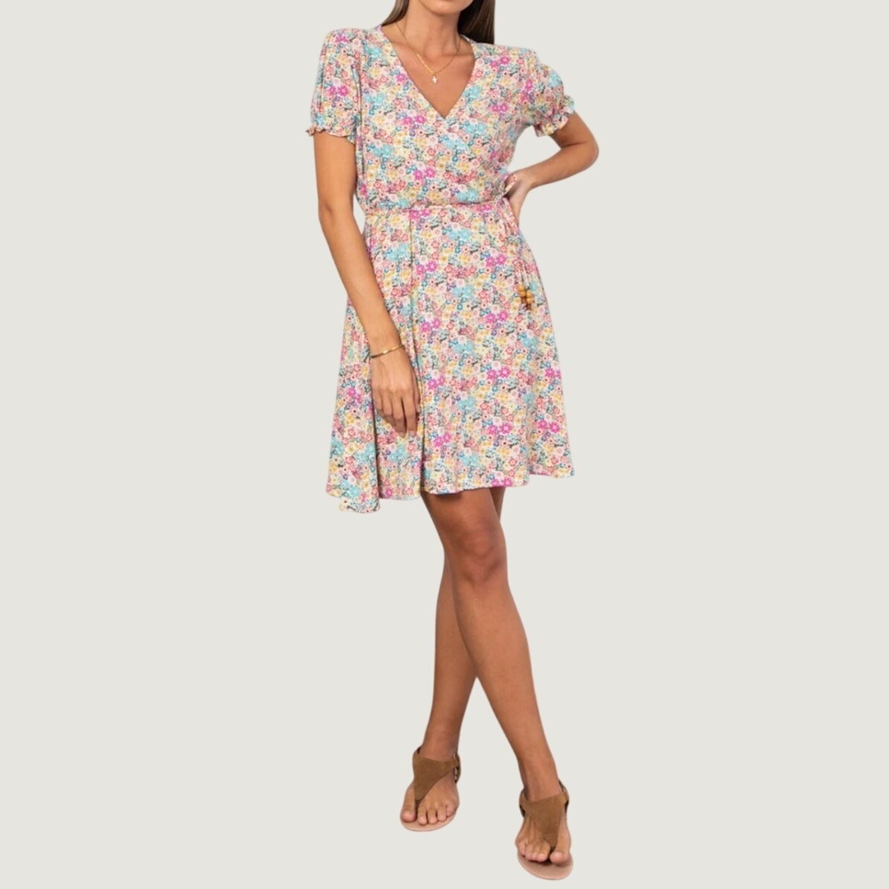 Ekko Clarissa Peasant Sleeve Wraparound Linen Blend Floral Mini Dress, Size 8